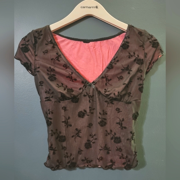 Y2K Floral Mesh Black and Pink Top - XS - Picture 3 of 6